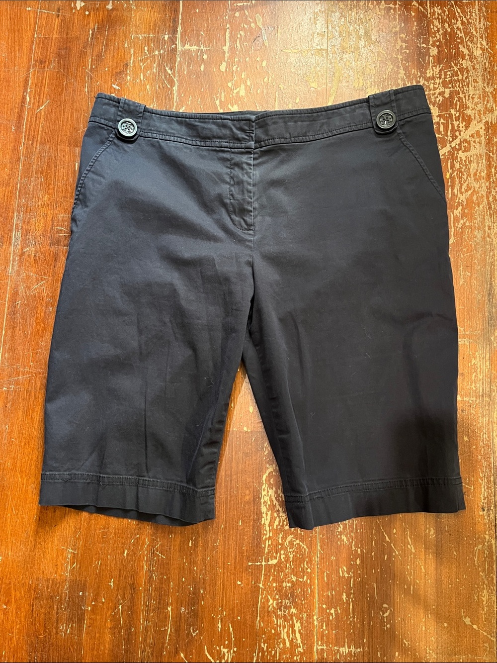 Tory Burch Navy Blue Cotton Bermuda Shorts with Button Accents